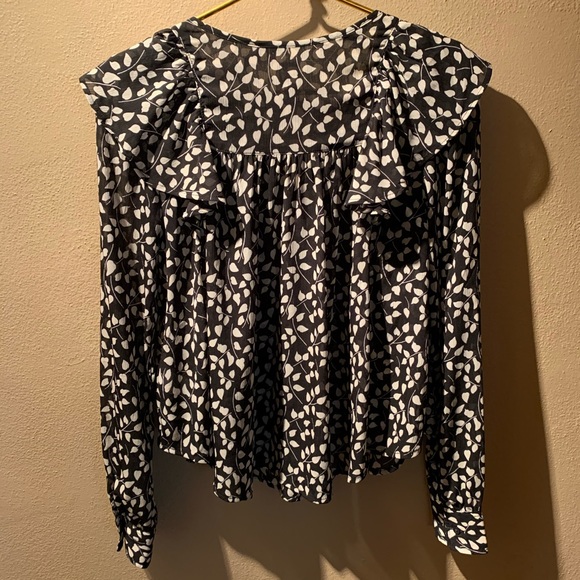 Black & White Chiffon Floral Blouse w/ Ruffles XS - Picture 6 of 8